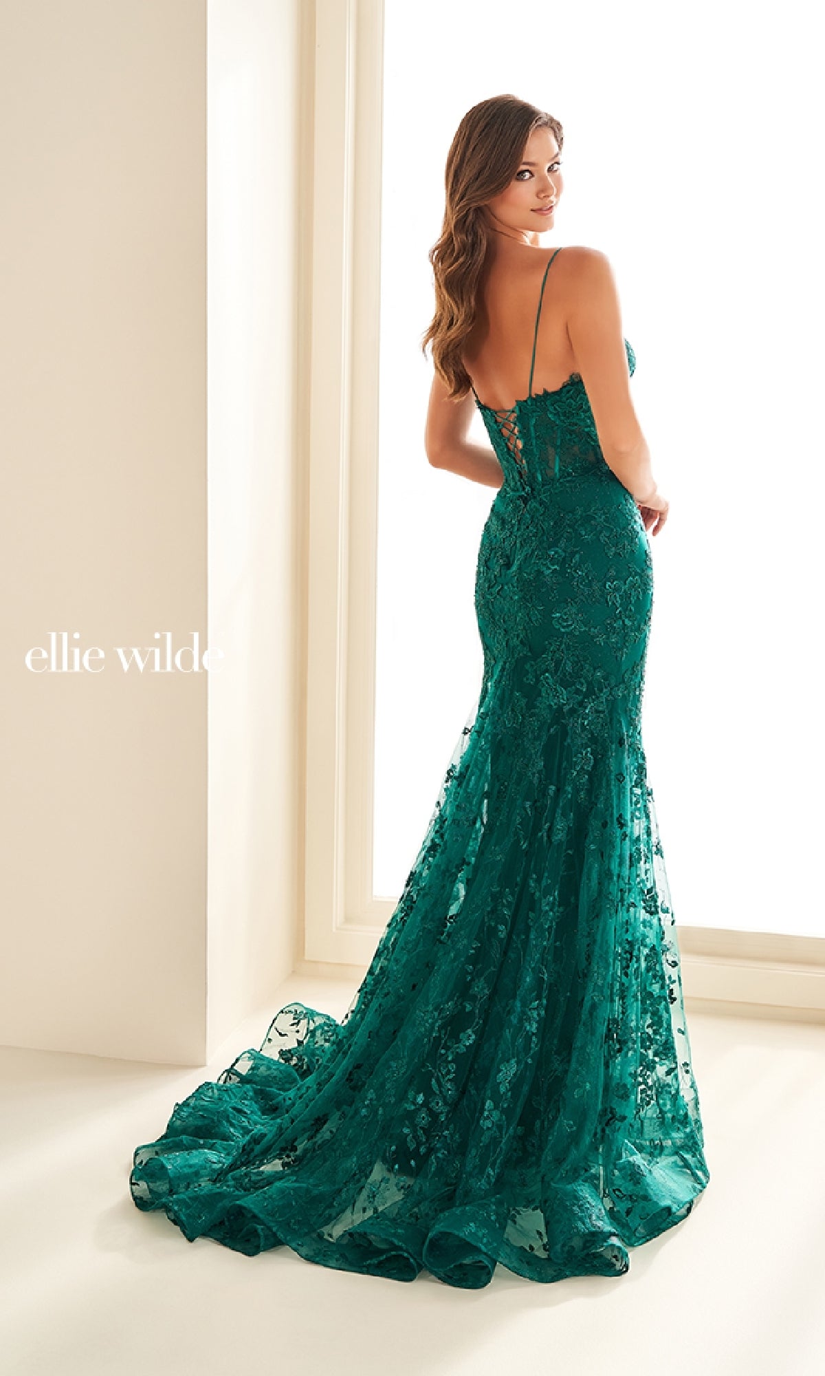 A woman stands near a large window in the Ellie Wilde EW36008, a fitted, emerald green embroidered prom dress with thin straps, lace-up back, and a long flowing train.